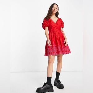 Topshop broderie wrap puff sleeve mini dress with contrast stitching